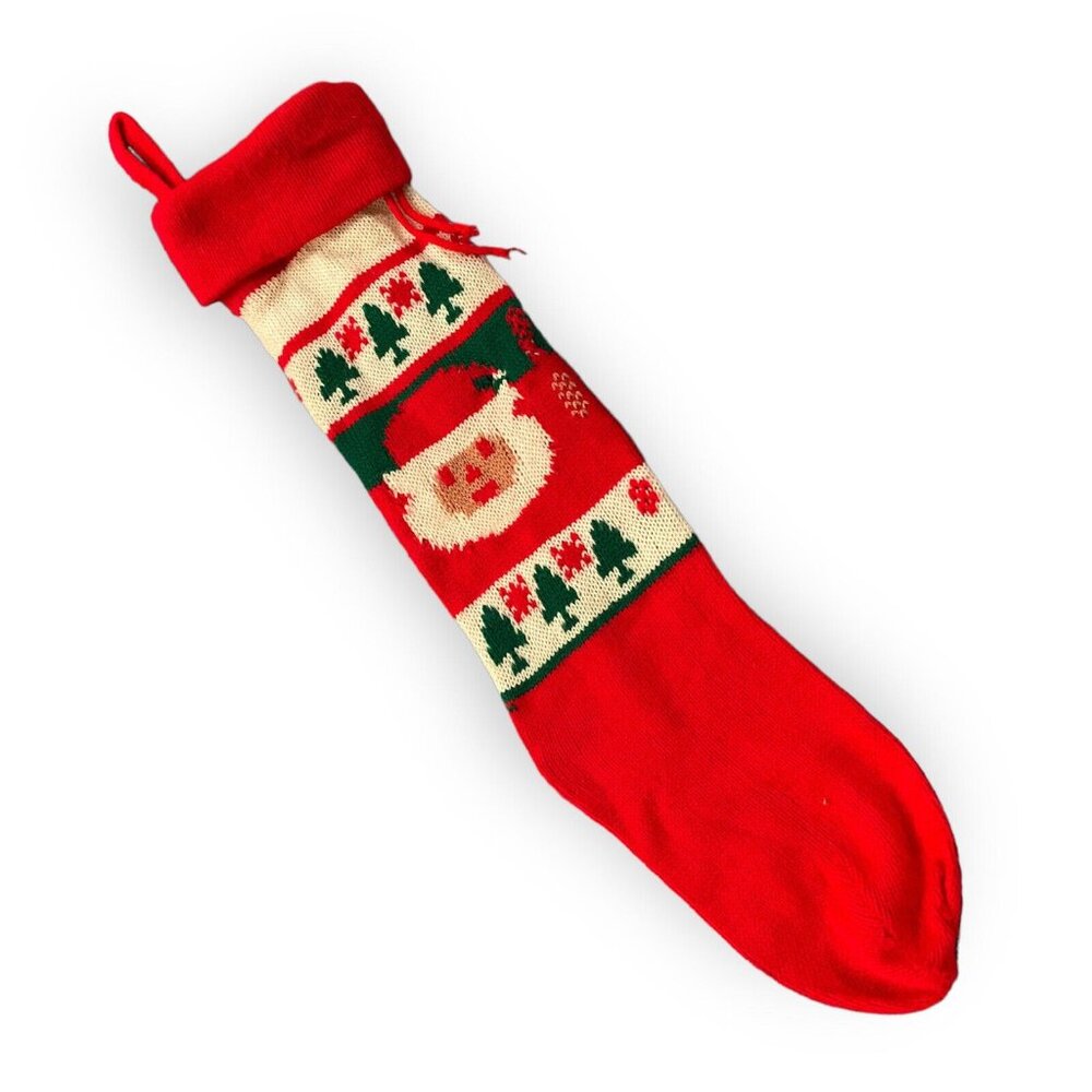 Vintage 1980 22" Christmas Yarn Sweater Knit Stocking Santa Tree Acrylic